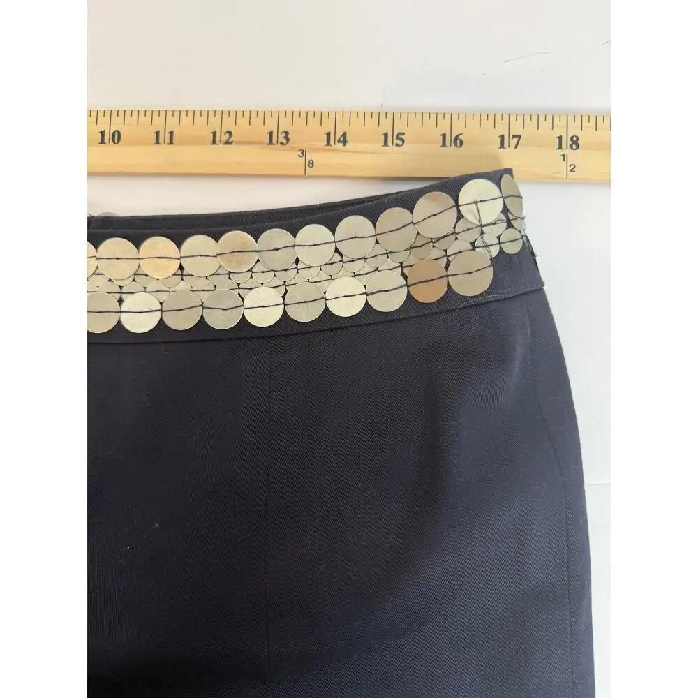 Tory Burch Navy Pencil Skirt Sz 12 Paillette Disc Waistband